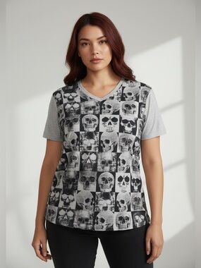 SIVA Shirt Womens XL Gray Skull Graphic V Neck Short Sleeve Halloween Gothic